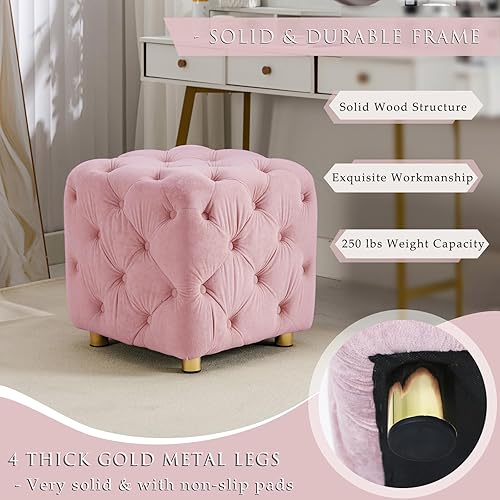 Miniatura 3 de Reposapiés otomano tapizado de terciopelo, moderno taburete cuadrado con decoración de botones, cómodo reposapiés copetudo para sala de estar,