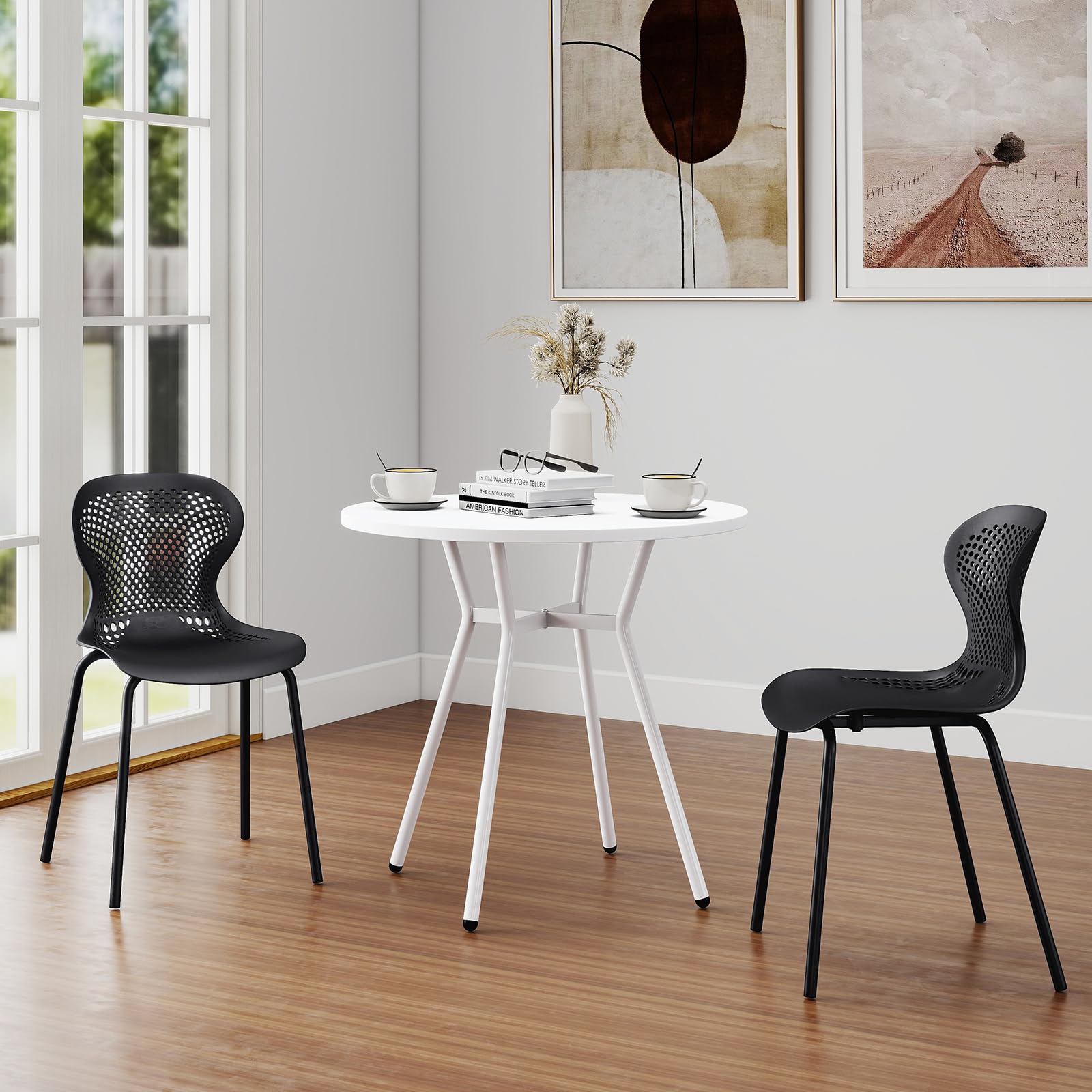 JIJIAN Pack de 6 Sillas de Jardín Apilables Negro, Sillas de Comedor de Plástico con Patas de Metal, Sillas de Cocina para Jardín, Balcón, Comedor y Terraza