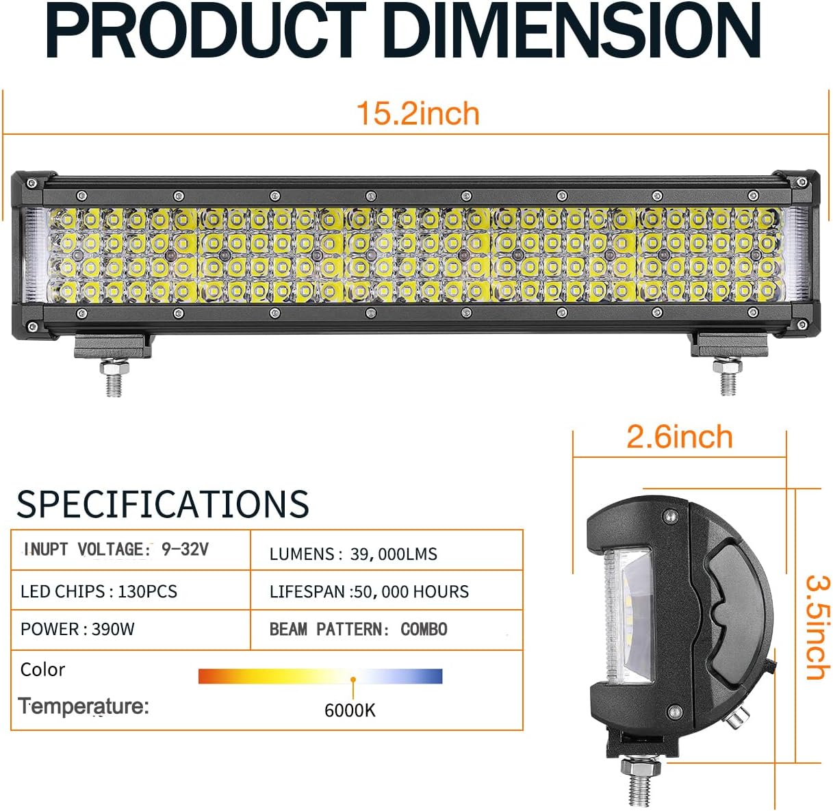 15 Inch LED Light Bar Side Shooter Driving Lights 390W Quad Row Off Road Backup Lights Spot LED Work Light Bars Waterproof Fog Light for Offroad Truck Car ATV UTV Boat