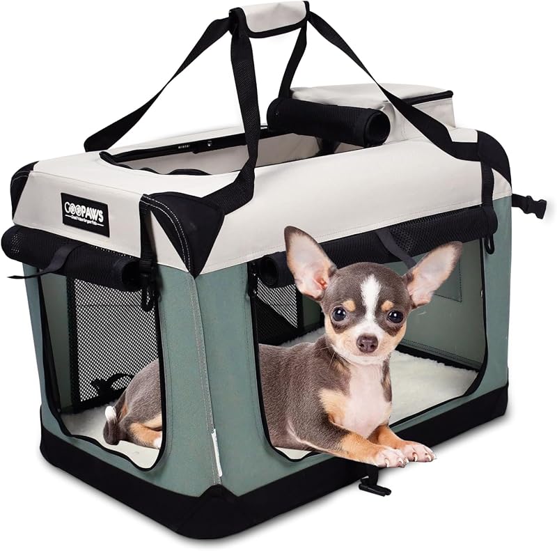 Perrera suave de 3 puertas para mascotas, transportador de mascotas de viaje plegable | Casa para perros de 24 pulgadas con 3 puertas de malla, bolsillo grande, fácil de instalar, marco de acero, almohadilla de jaula extraíble, para interior y exterior