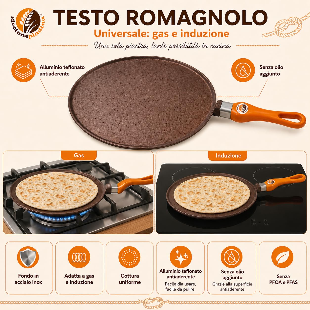 Riccionepiadina Testo Romagnolo 32 cm – Poêle universelle antiadhésive aluminium téflonée, manche bakélite, gaz et induction – Pour piadina, légumes, viande, poisson