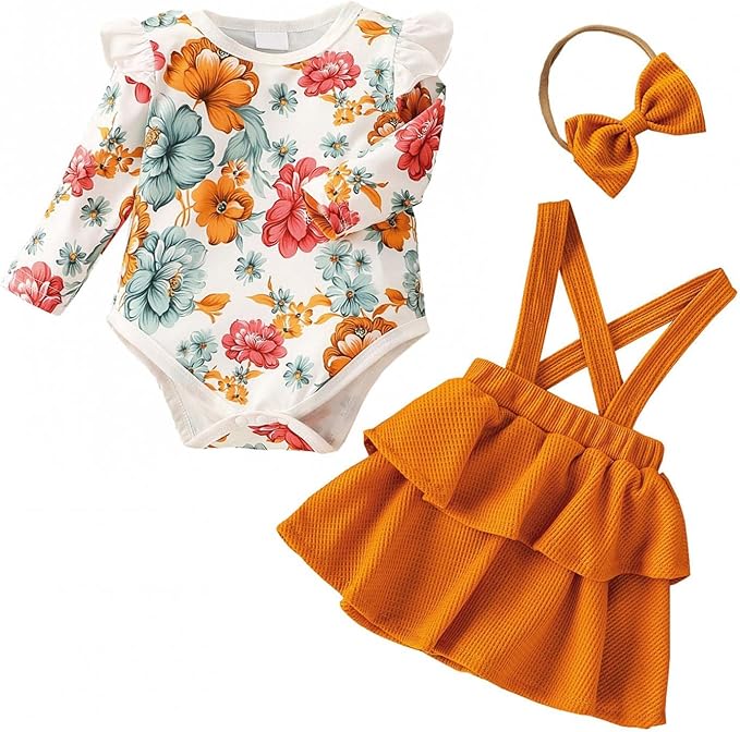 Amazon Co Jp Re Yue キッズ 子供服 ワンピース 女の子 長袖 ドレス かわいい 人気 プリンセス ロンパース ベビー服 3点セット サスペンダースカート ヘッドバンド付き 花柄 おしゃれ ガールズ ミニドレス ファション 子供ドレス 通園 通学 春秋 服 ファッション小物