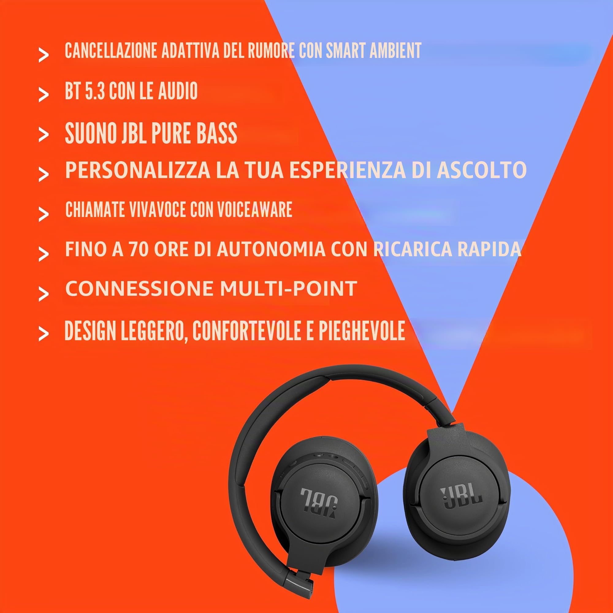 JBL Tune 770NC - Cuffie over-ear wireless con cancellazione adattiva del rumore e Smart Ambient, Bluetooth 5.3, durata della batteria fino a 70 ore con ricarica rapida, design leggero, confortevole e