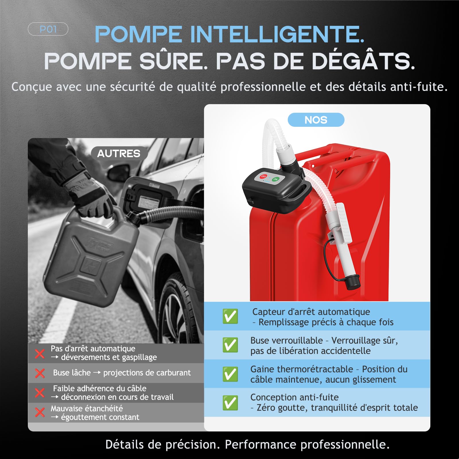 Pompe de transfert de carburant portable avec capteur d'arrêt automatique, pompe diesel électrique 12 l/min avec batterie et câble, pompe à huile rechargeable pour bidons, réservoirs de carburant