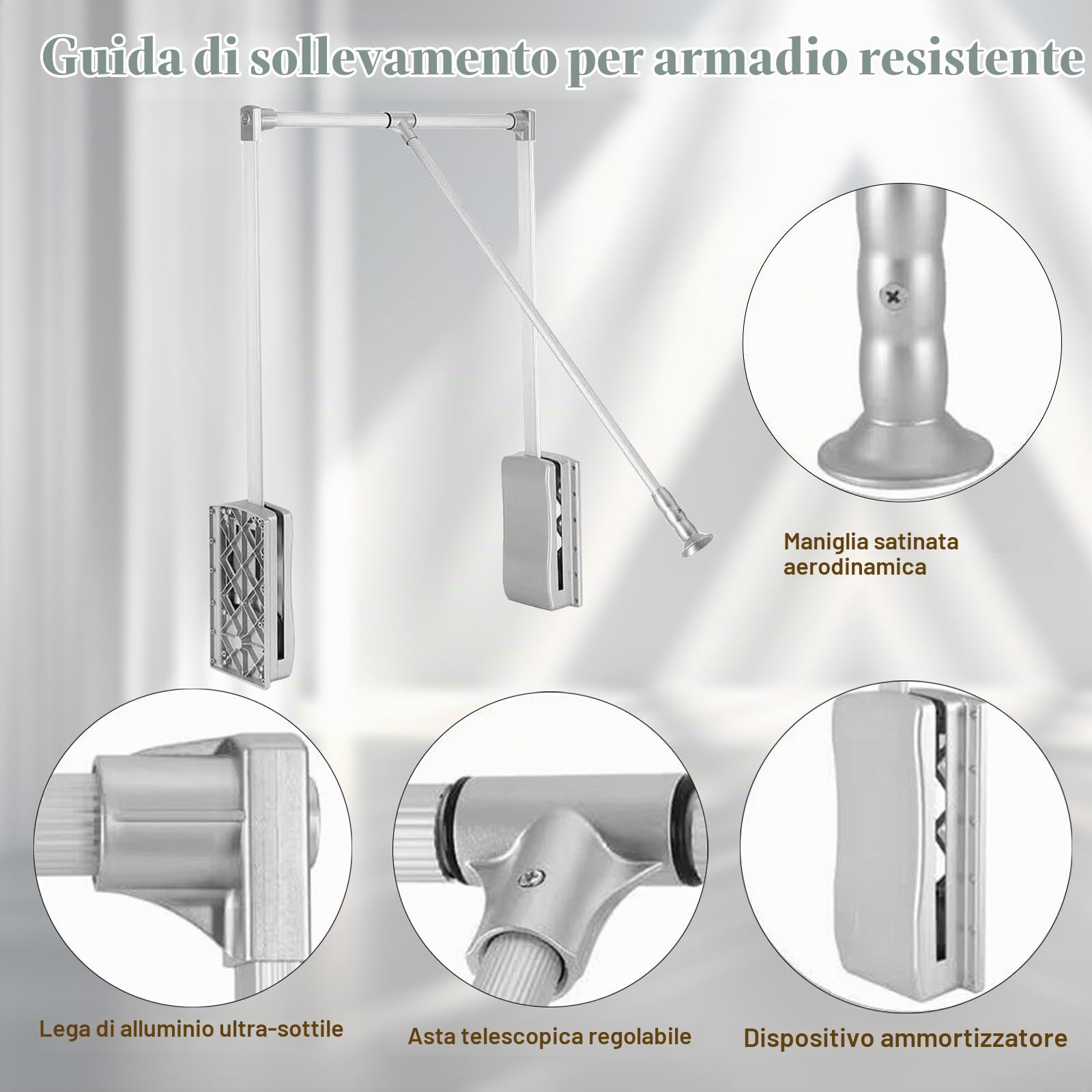 Appendiabiti Saliscendi per Armadio, Appendiabiti Estraibile Regolabile da 839 a 1210 mm per Guardaroba, Meccanismo Barra Appendiabito con Apertura e Chiusura Assistita, Portata 20 kg