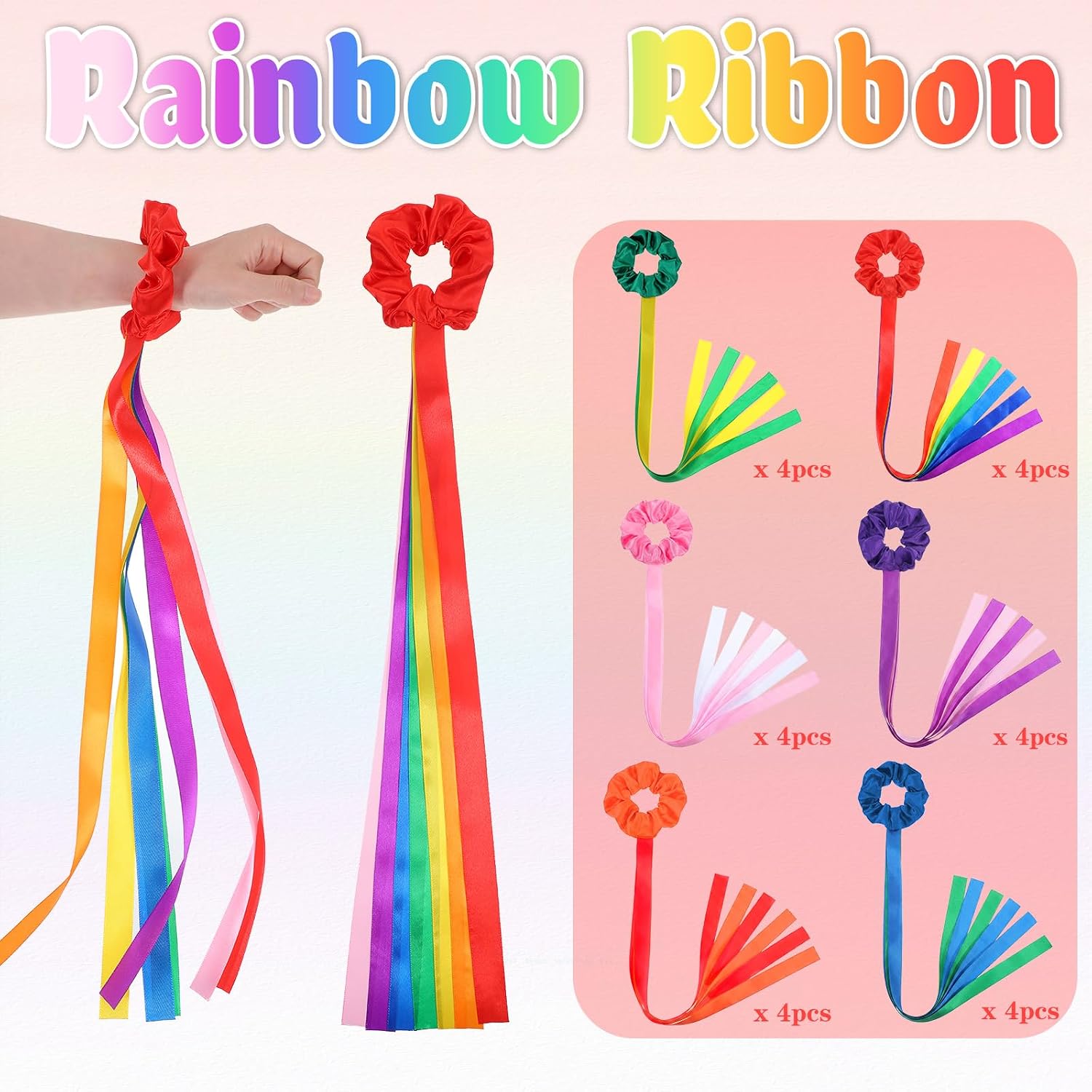 24 Pcs Rainbow Dance Ribbons Bulk Rainbow Rhythm Ribbons Elastic Wrist Streamers Hand Held Rhythm Streamers Gymnastics Dance Party Props for Adult Decor, Multicolor
