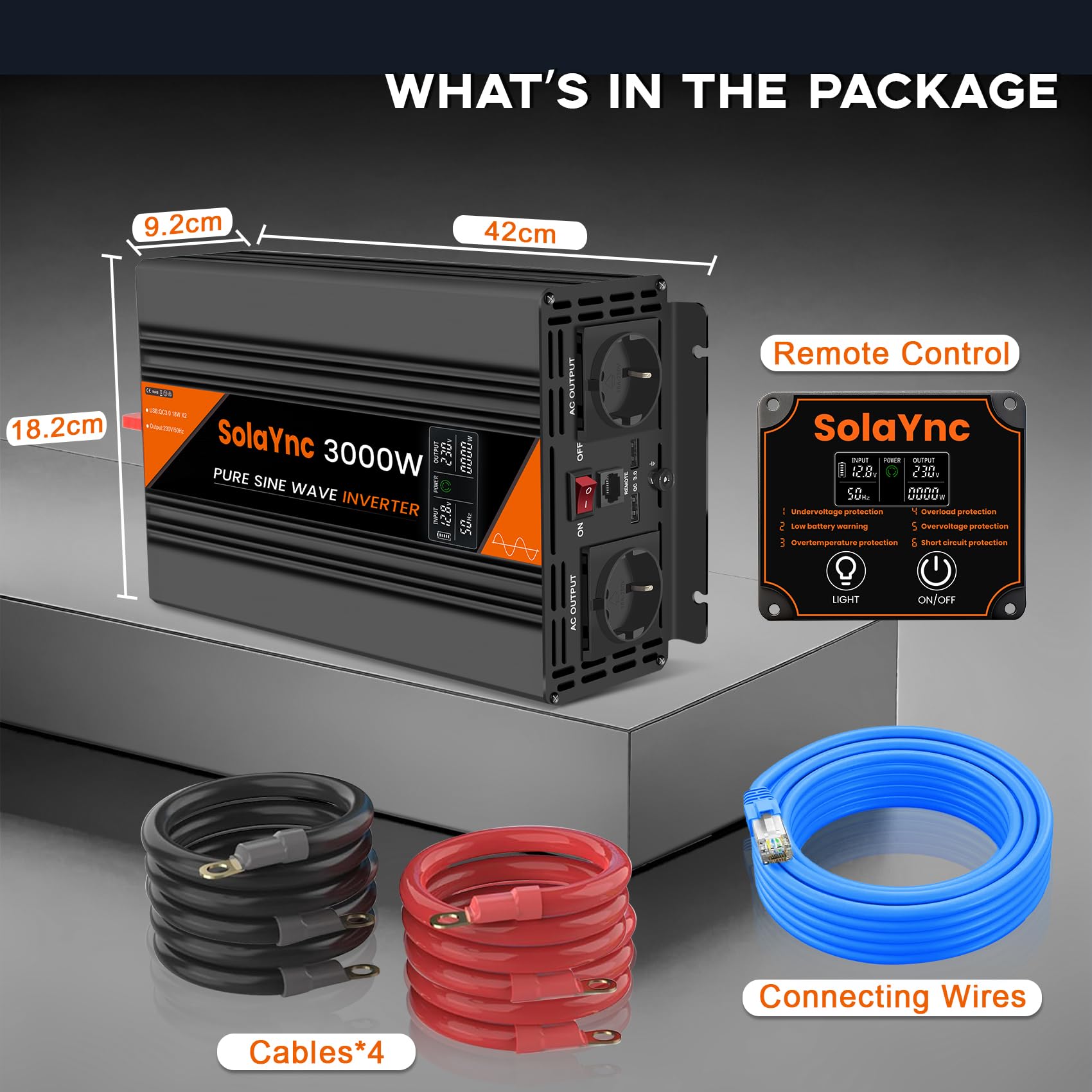 Inverter 3000W/6000W 12V 220/230V onda sinusoidale pura Inverter per auto con schermo LCD, telecomando, prese UE, porta USB, adatto per camper, roulotte, impianti solari