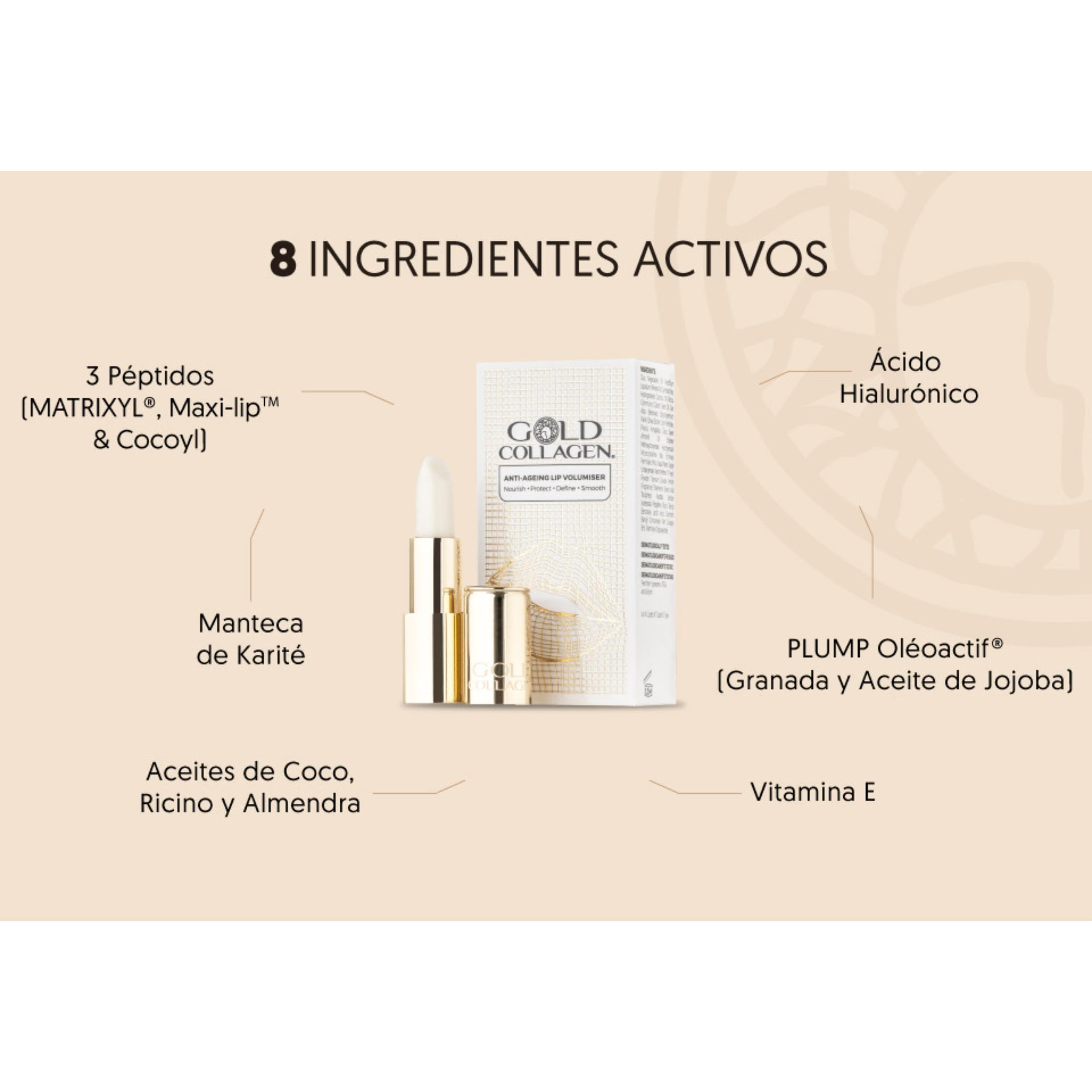 GOLD COLLAGEN Lip Volumiser - Bálsamo Labios Antiedad Hidratante con Aceite de Coco Almendras Ricino Vitamina E Colágeno Marino Hidrolizado, Voluminizador Labios Gradual, Reductor Arrugas Efecto Perla