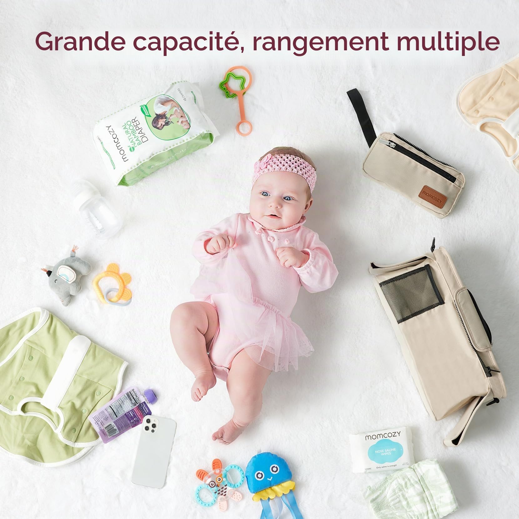 Organisateur de poussette universel avec porte-gobelet isolé, Momcozy Sac pour poussette Accessoires pour bébé avec poche zippée, bandoulière et espace de rangement pour couches&téléphones portables