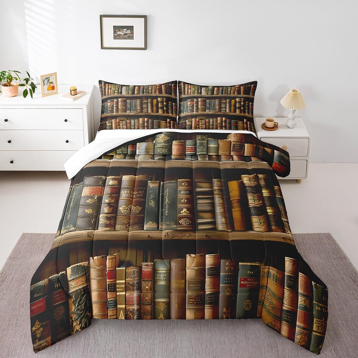Feelyou Kids Library Comforter Set Twin Size, Old Books Kids Boys Girls Bedding Set Retro Wooden Bookshelf Comforter Vintage Museum Duvet Set Teens Room Decor Microfiber Bed Set