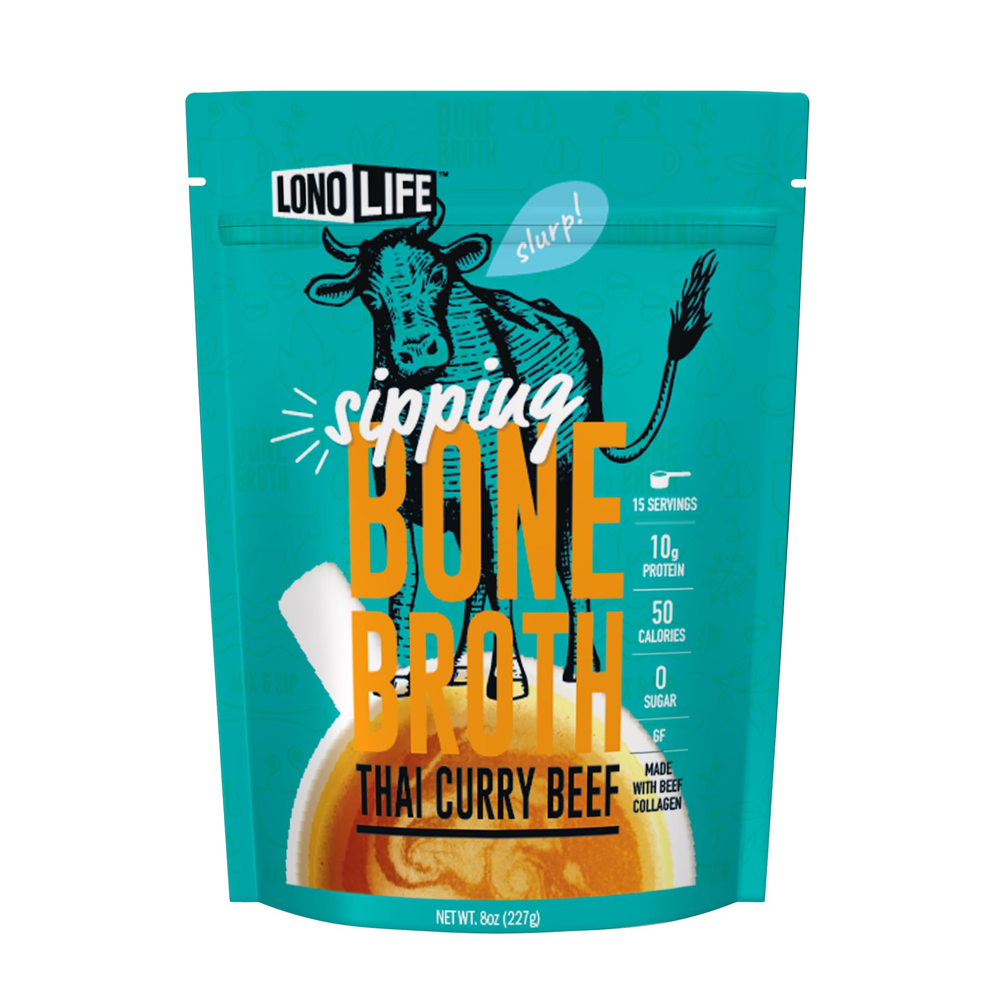 LonoLife Thai Curry Beef Bone Broth Powder Mix | Grass-Fed, 10g Protein | Collagen-Rich, Keto & Paleo Friendly | Natural Ingredients | 8oz Bulk Container (15 Servings)
