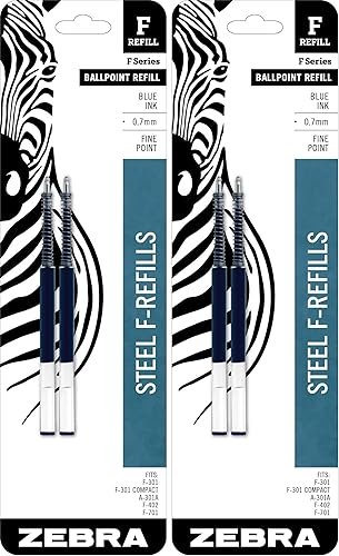 Zebra Pen F-Series - Recambio de bolígrafo de acero inoxidable, punta fina, 0.028 in, tinta azul, 2 unidades (paquete de 2)