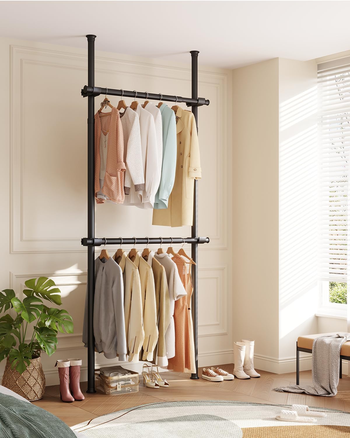 VELORGEMANE Floor to Ceiling Clothes Rack, Heavy-Duty Telescopic Garment Rack, 43–122in Height & 30–47in Width, 220lbs Total Load Capacity, 2-Pole, Black Black 2-Pole