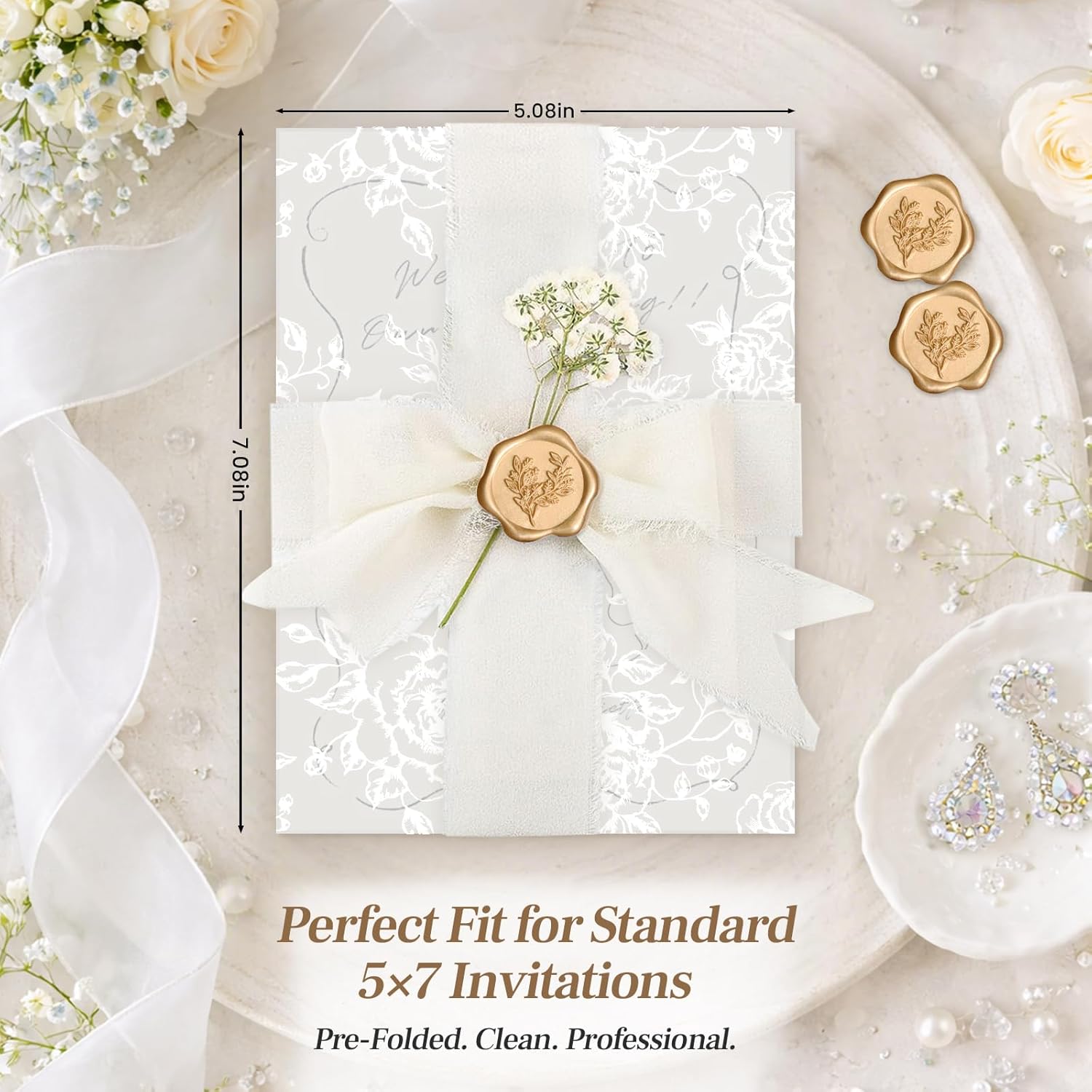 Wedding Invitation Accessories Kit, Pre-Folded Vellum Jackets for 5×7 Invitations with Wax Seal Stickers, Ribbon & Dried Flowers, Elegant Wedding Invitation Accessories for DIY Bridal Invites (White-Rose, 100)