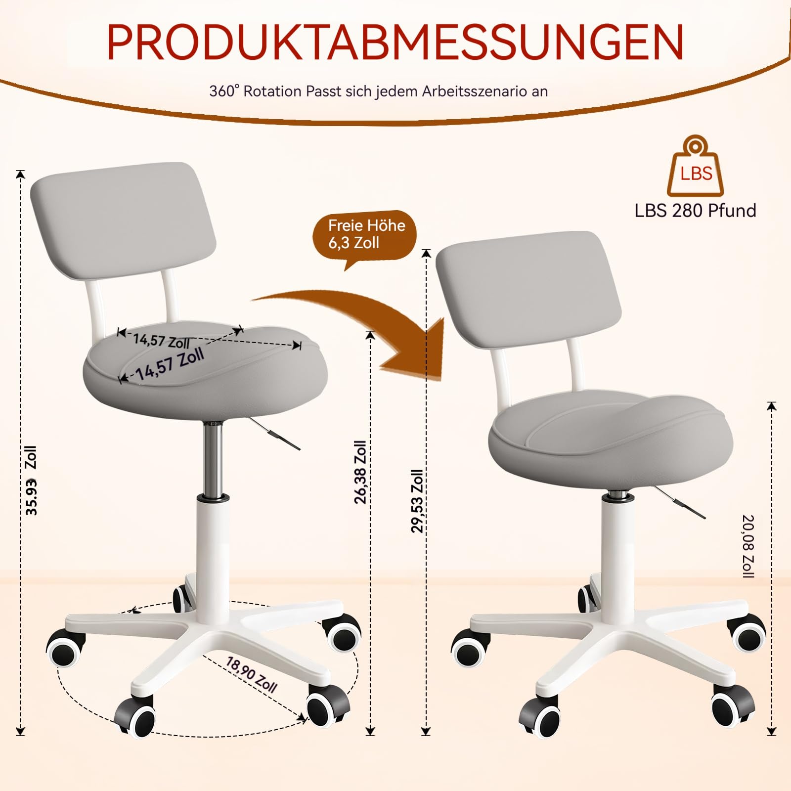 Sattelhocker mit Rückenlehne, gepolsterter Sitz, ergonomischer Schreibtischstuhl, Rollhocker mit Rollen für Friseur, Zahnarzt, Spa, Massage, Büro & Zuhause
