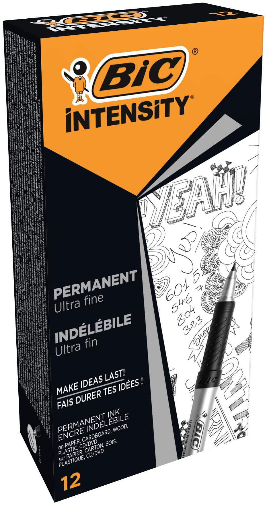 BIC Intensity, Pennarelli Indelebili Punta Fine, Colore Nero, 12 unita, Cancelleria Scuola e Ufficio