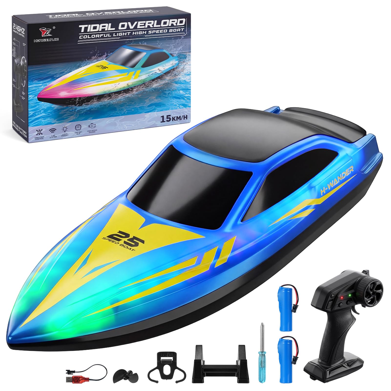 Ferngesteuertes Boot 15 KM/H Hochgeschwindigkeits RC Boot mit 2 Stunden Laufzeit, Selbstaufrichtend, 2.4GHz, LED Licht, Wasserdicht für Pool und See, 26cm RC Racing Boot mit Wiederaufladbarem Akku