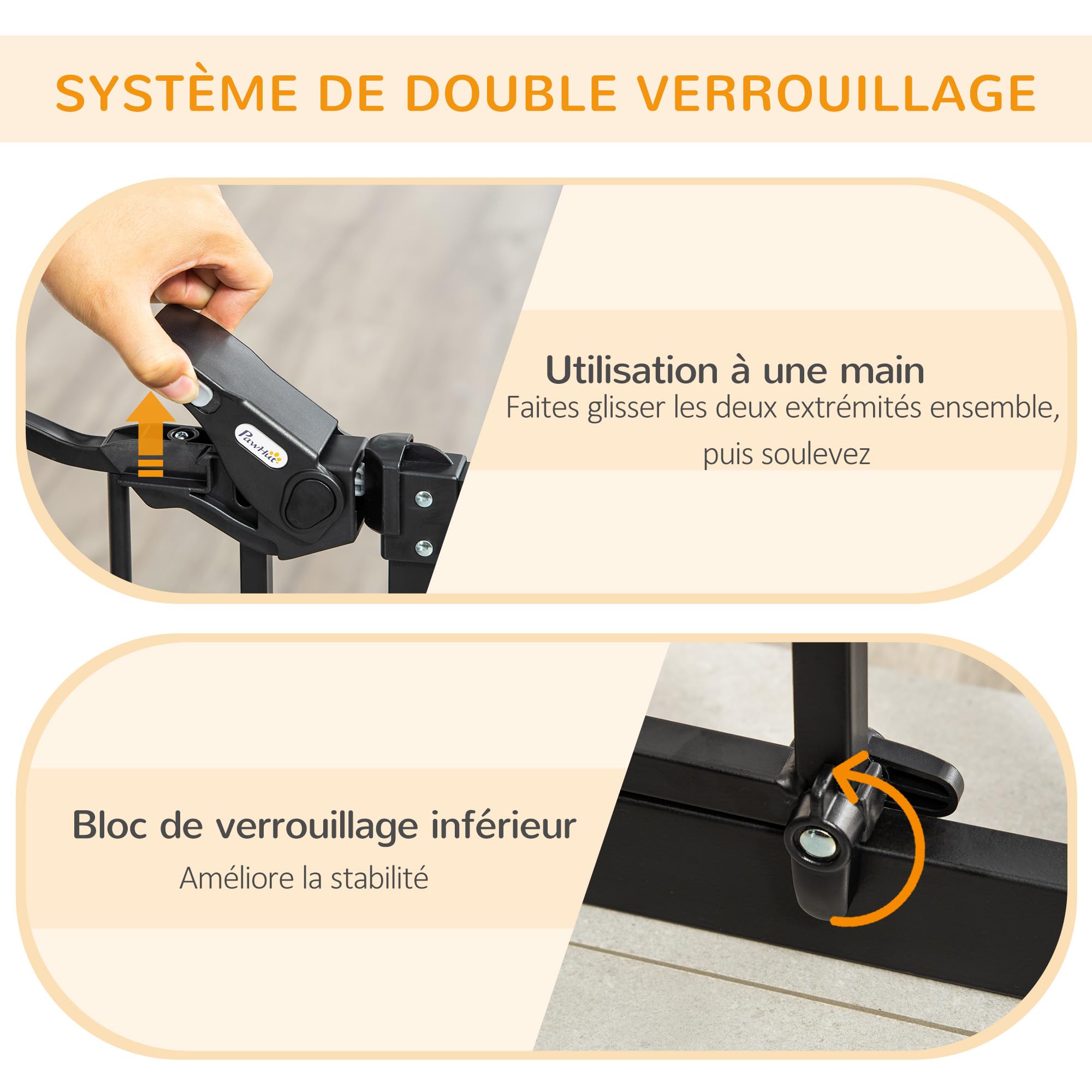 PawHut Barrière de sécurité Animaux de 104H cm Conception Haute avec Porte Chat Fermeture Automatique système de Double Verrouillage sans percage de 74 à 101 cm Acier Noir