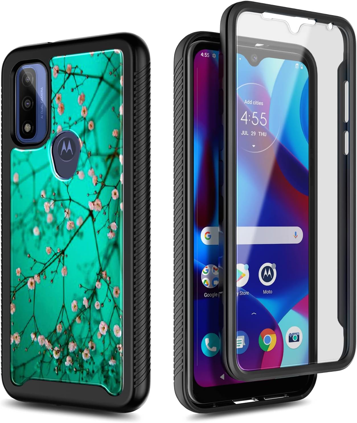 NZND Case for Motorola Moto G Pure, Moto G Play 2023/G Power 2022 with [Built-in Screen Protector], Full-Body Protective Shockproof Rugged Bumper Cover Durable Phone Case (Plum Blossom)