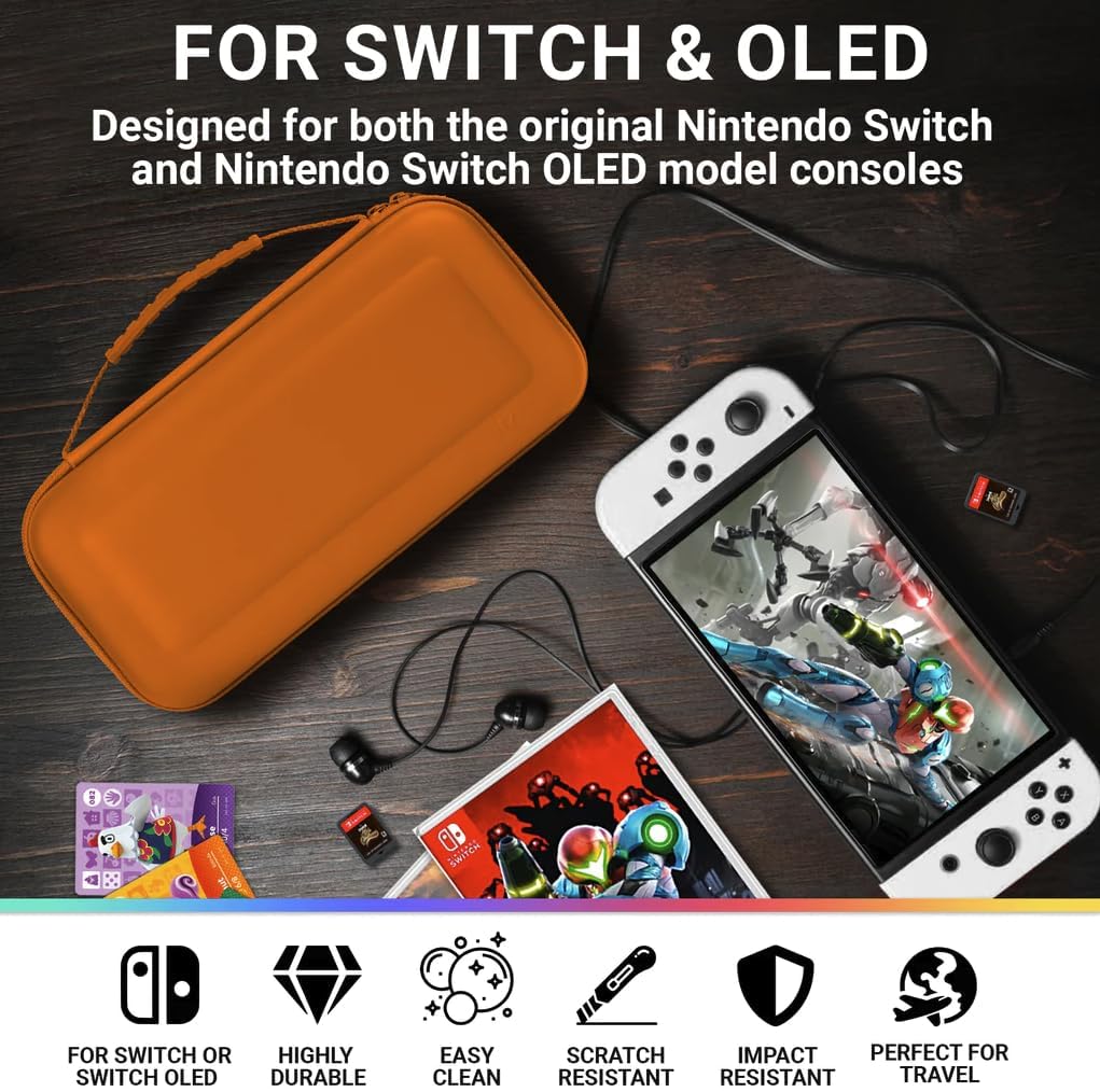 Orzly Custodia da trasporto compatibile con Nintendo Switch e New Switch Console OLED - arancia Custodia protettiva da viaggio portatile rigida Custodia a conchiglia con tasche per accessori e giochi