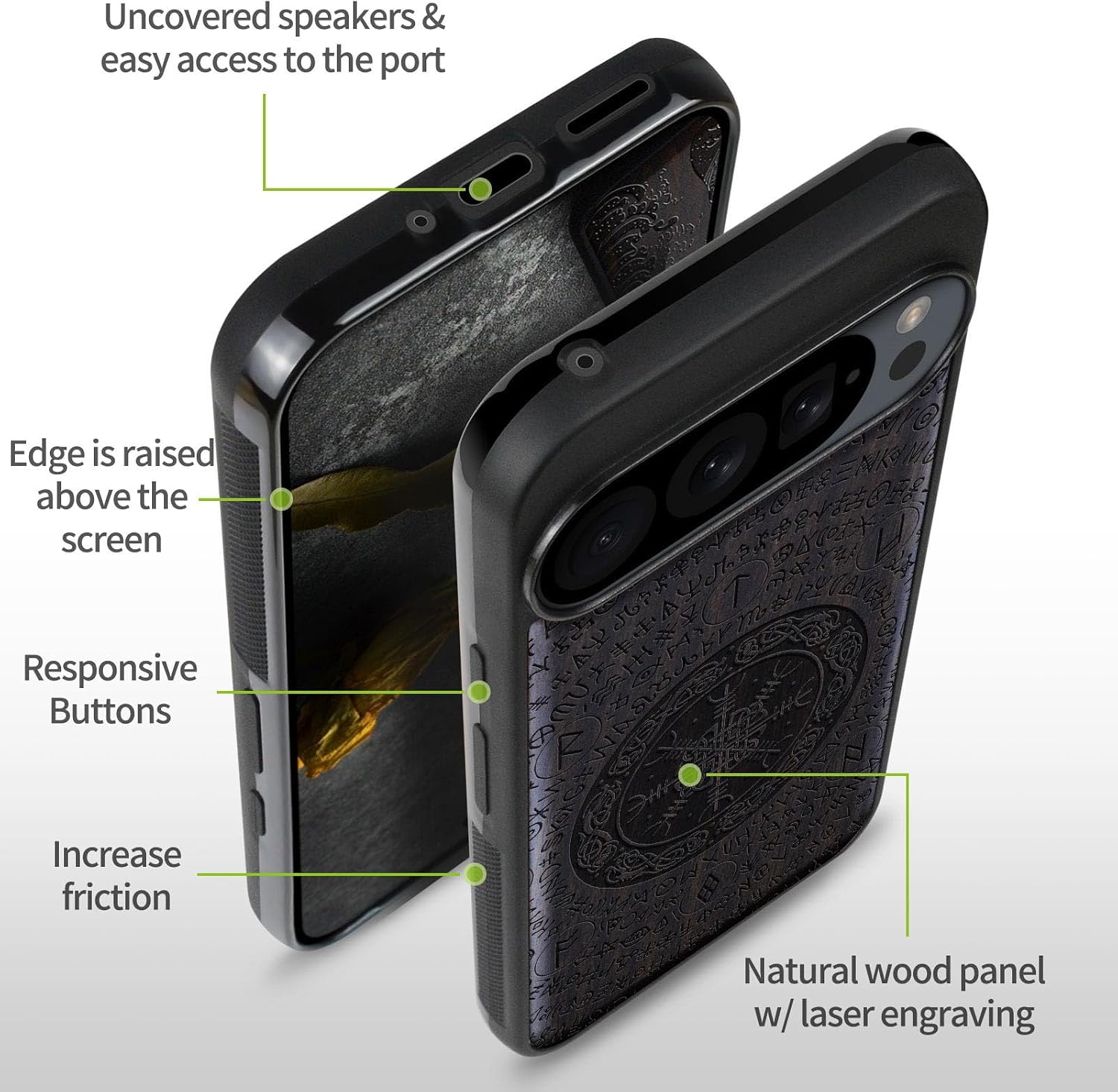 Carveit Wood Case for Pixel 9 Pro - Natural Wood & Black Soft TPU Shockproof Protective Cover - Unique Wooden Case - Compatible with Google Pixel 9 Pro (Viking Symbol-Blackwood)