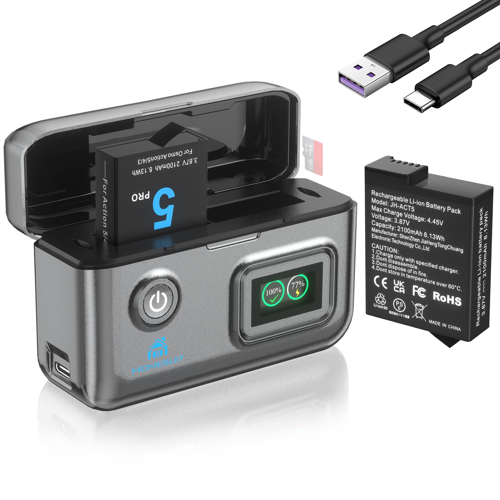 Homesuit Osmo Action 6 5 Pro 4 3 Akku 2100mAh und 18W Dual USB LCD Ladegerät Kit für DJI OsmoAction6 / OsmoAction5Pro / OsmoAction4 / OsmoAction3 (2er-Pack)