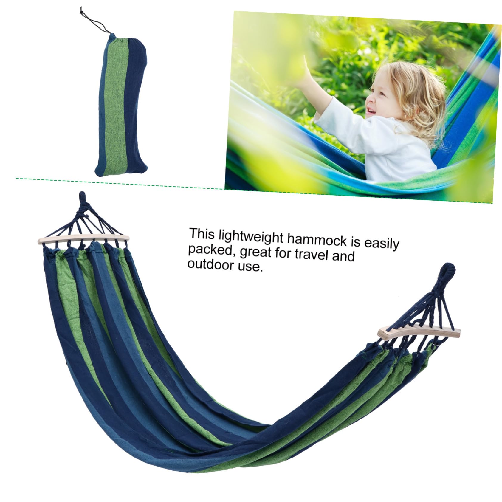 Hamaca de Lona Rayada Azul Portátil de Madera para Acampar