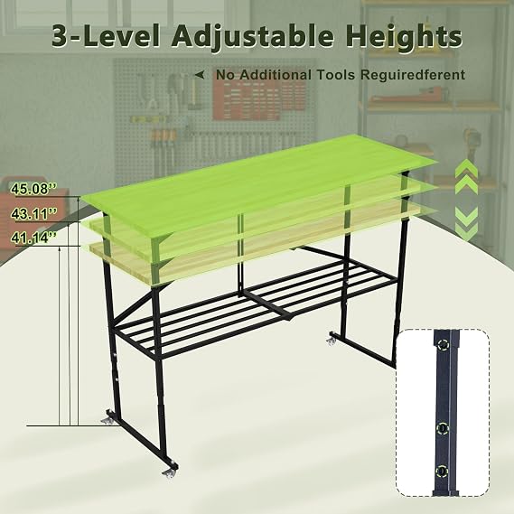 Folding Workbench with 1.5 Thick Butcher Block Top, Heavy Duty Utility Table with Adjustable Height and Rolling Casters, Portable Wood Work Table for Garage, Shop, Office, Woodworking