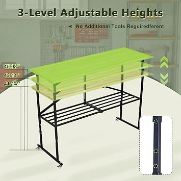 Folding Workbench with 1.5 Thick Butcher Block Top, Heavy Duty Utility Table with Adjustable Height and Rolling Casters, Portable Wood Work Table for Garage, Shop, Office, Woodworking