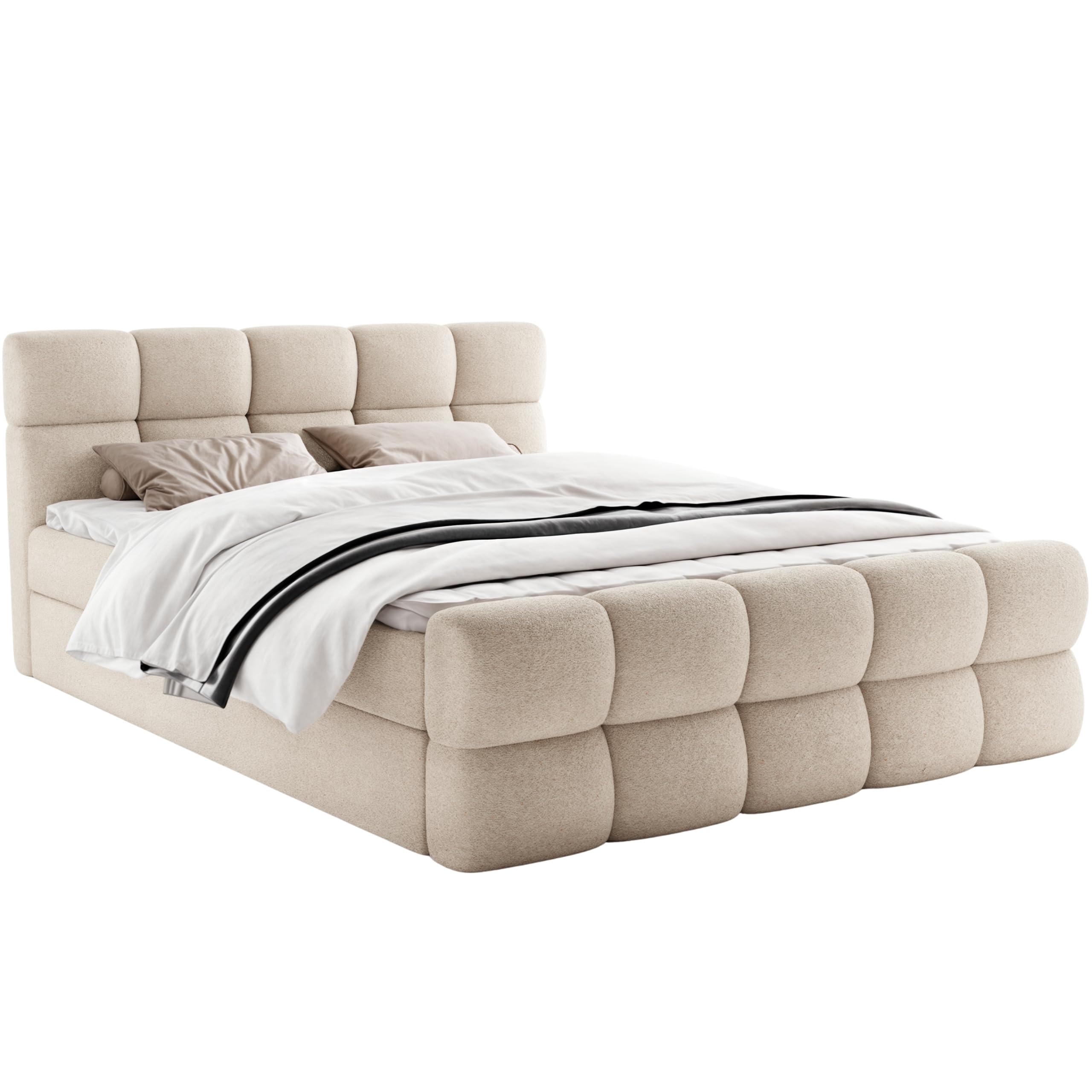 Boxspringbett mit 2 Bettkästen, Taschenfederkernmatratze und Topper, Gepolstertes Doppelbett mit Kopfteil und Fußteil, Bouclé-Stoff, Polsterbett Leo (Anthology 03, 160 x 200 cm)