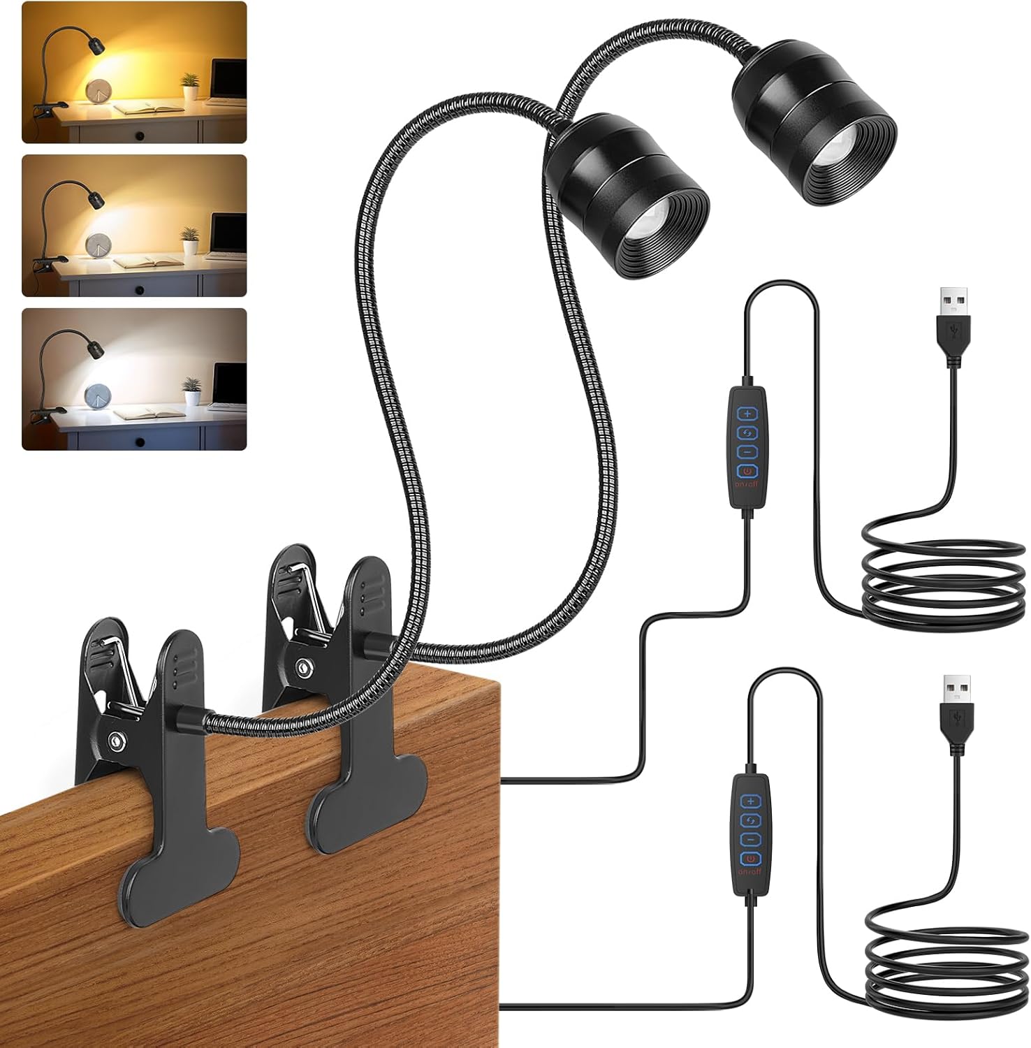 Clip on Light - 2 Pack Dimmable Reading Lights for Bed with 3 Color Modes & 10 Brightness & 15°- 80° Adjustable Angle, 360° Gooseneck USB LED Book Lamp with Clamp for Study Headboard Dorm