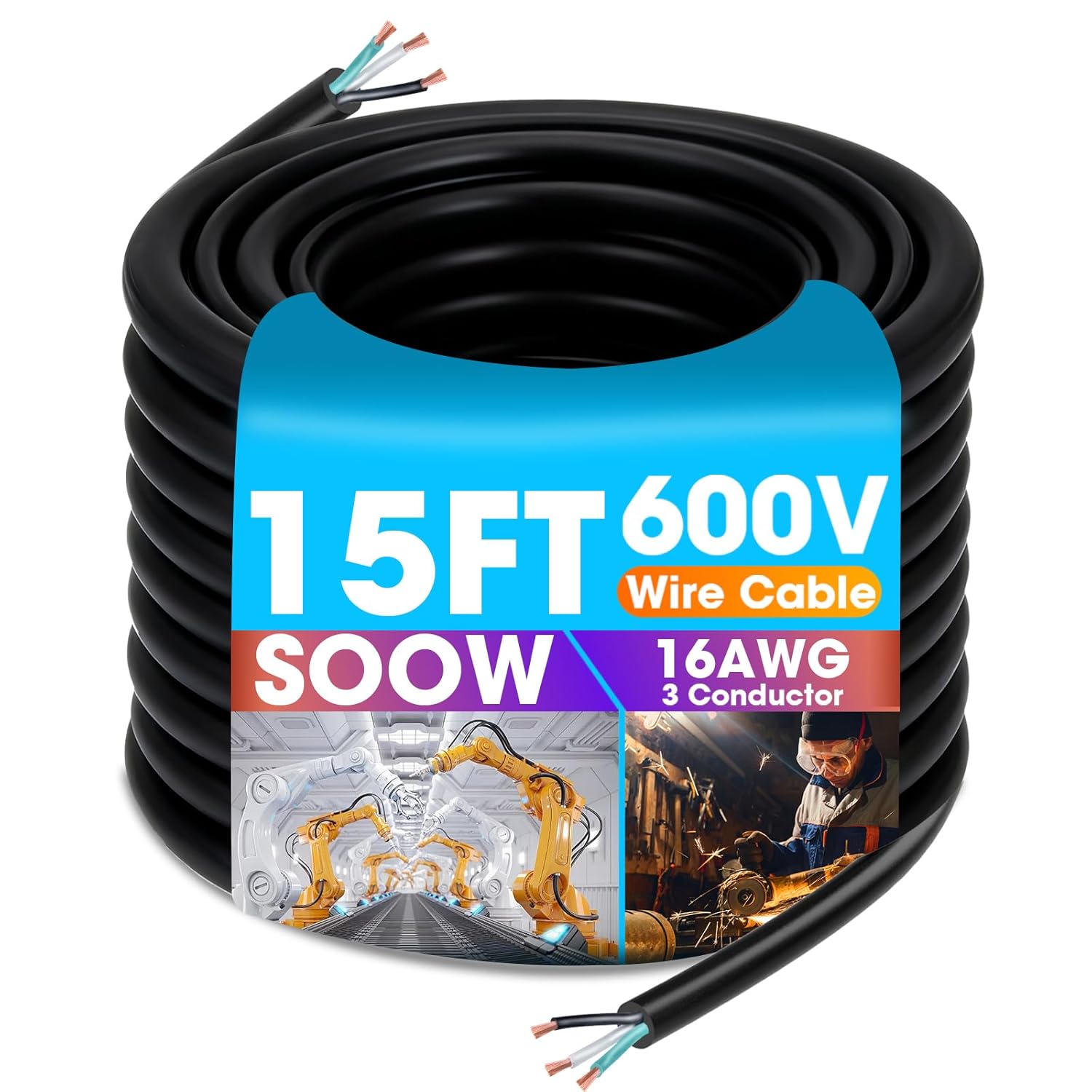 16/3 Wire 15ft 16 AWG Portable Power Cable 3 Conductor 600V SOOW 16 Gauge Electric Copper Wire for Power Tools, Household Applicances, Machinery