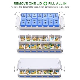 Weekly Pill Organizer 7 Day 2 Times a Day Extra Large, Quick Fill 2020 Fullicon AM PM XL Daily Pill Cases Pill Box with Detachable Base - White/Blue (Patent Registered)