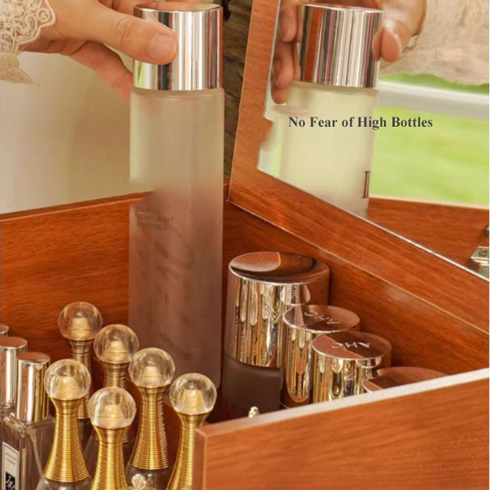 Almacenamiento de cosméticos Organizador de Maquillaje Madera con Espejo y 2 cajones
