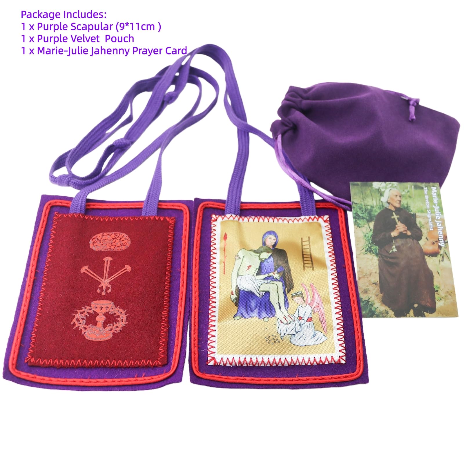 MERCILIA MEISHILAI 9 x 11 cm duża fioletowa szkaplerz - Escapulario Morado de Bendición y Protección wełniana szkaplerz na czasy końcowe - zawiera fioletową aksamitną torebkę i kartę modlitewną