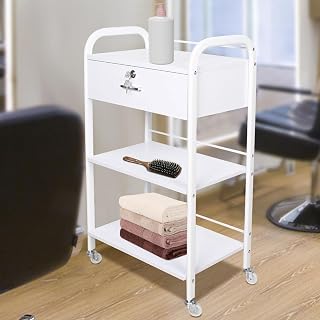 3 Tier Rolling Utility Cart with Drawer, Aluminum Salon Trolley Cart with Handle and Lockable Wheels, Mobile Beauty Salon Stools for Kitchen Bathroom Living Room Office, White