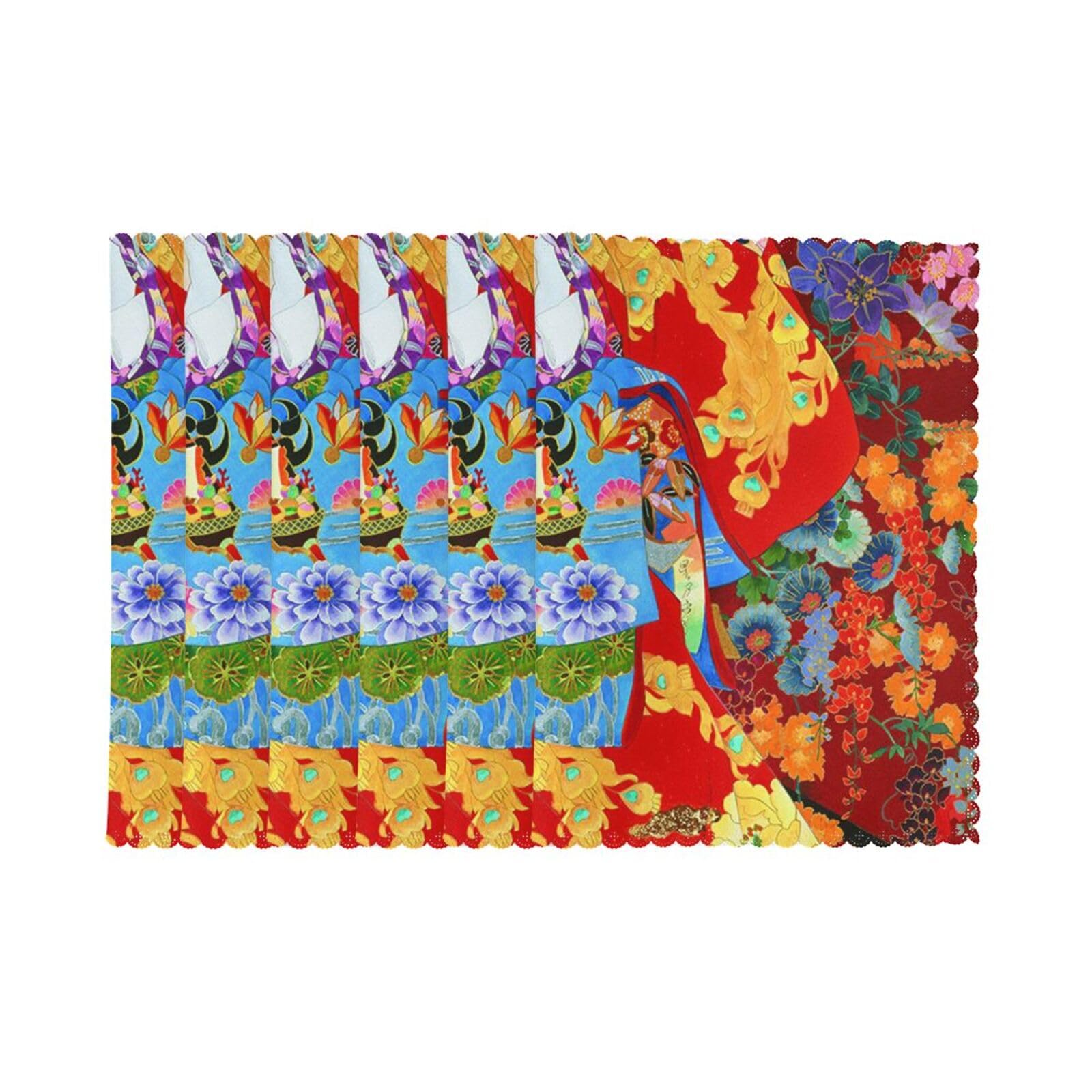 6 PCS Heat Resistant Placemat 45x30 CM, Retro Japanese Geisha Girl Printed Non-Slip Place Mats for Kitchen Dining Table Indoor Outdoor