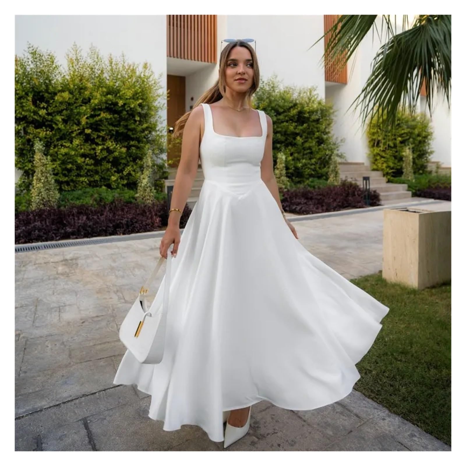 Fond De Robe Femme Robe d'été longue à bretelles, col carré, couleur unie, sans manches, tendance, for femme