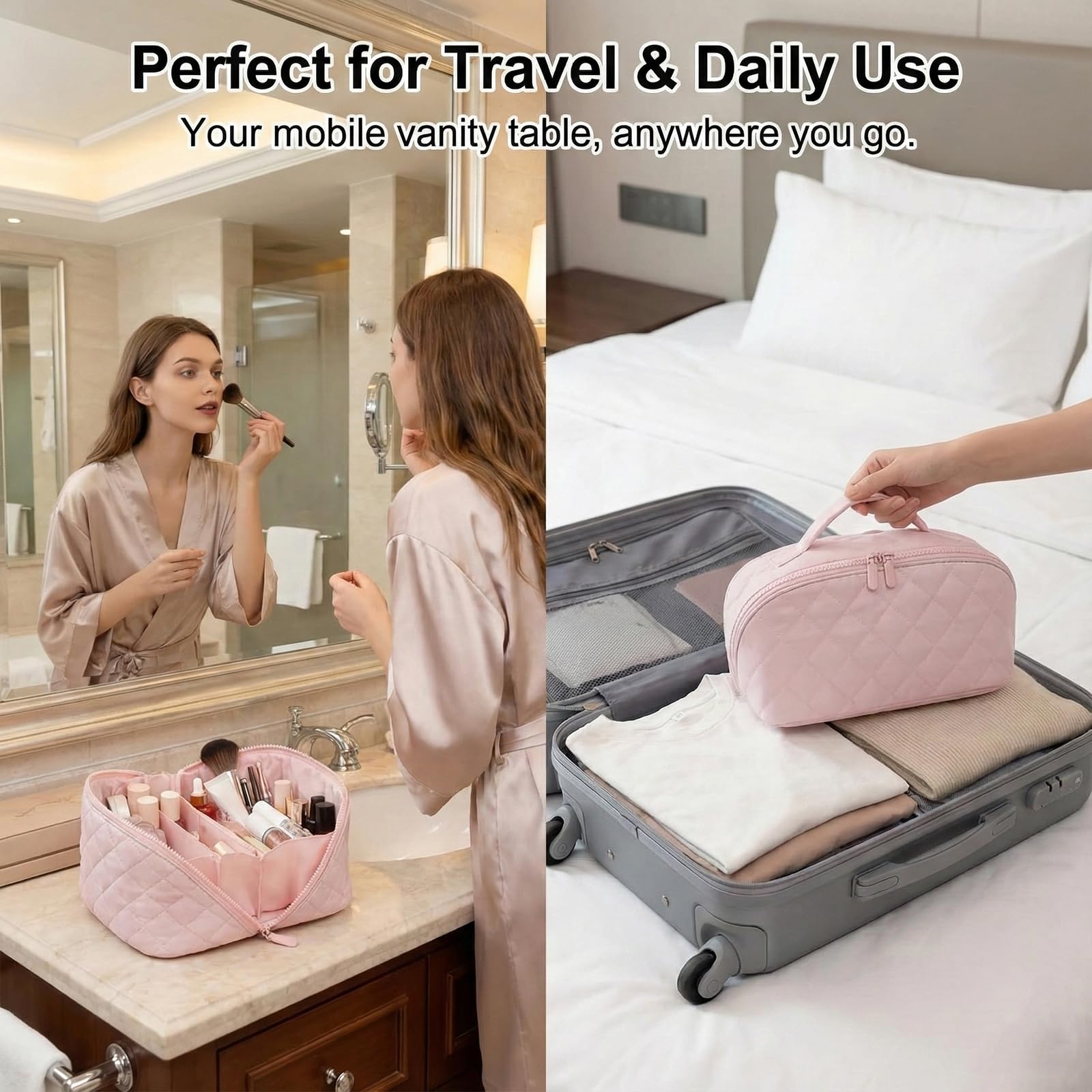 Bolsa de maquillaje de viaje y organizador de neceser, bolsa de cosméticos plana de gran apertura para mujeres de viaje y uso diario, diseño protector acolchado hinchado con compartimentos, gran