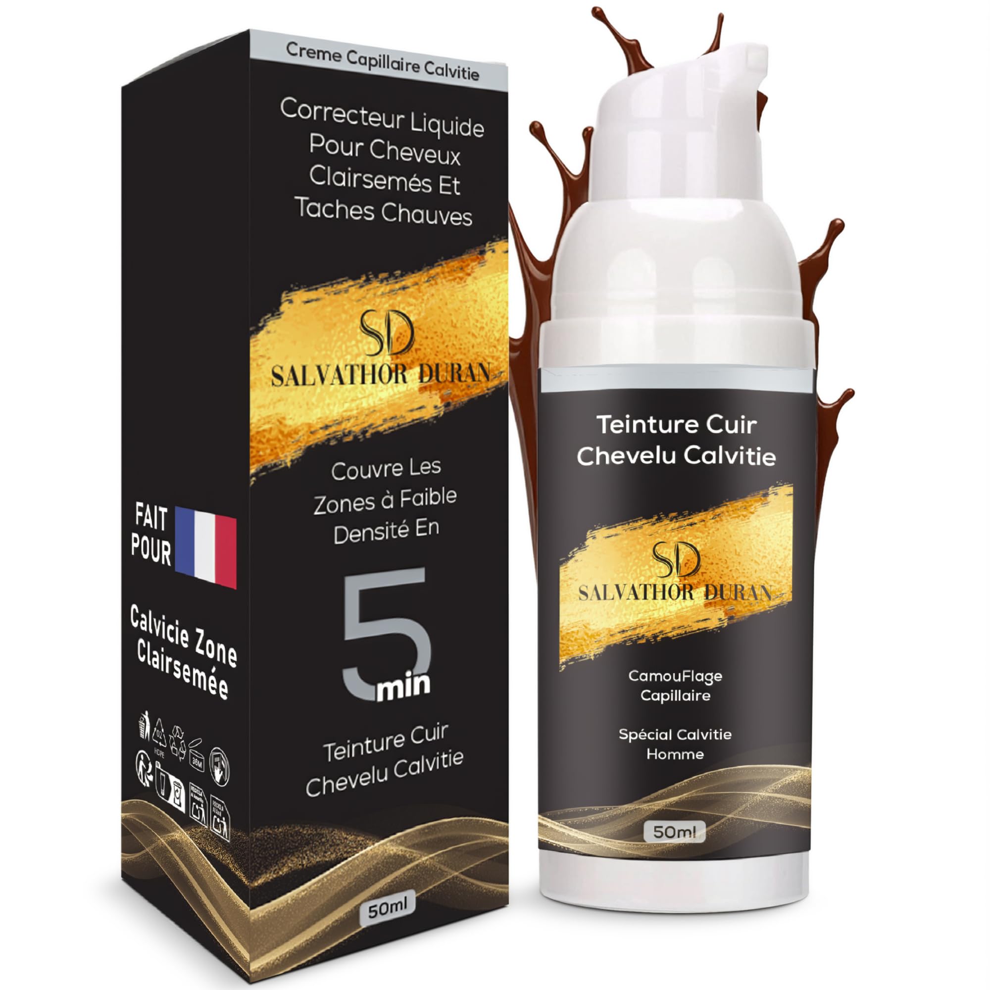 Salvathor Durán Effet Fibres Capillaires – Correcteur pour Cuir Chevelu – Alternative à la Teinture Cheveux Homme, Poudre Cheveux – Camoufle la Calvitie et Apporte du Volume (Noir, 50 ml)