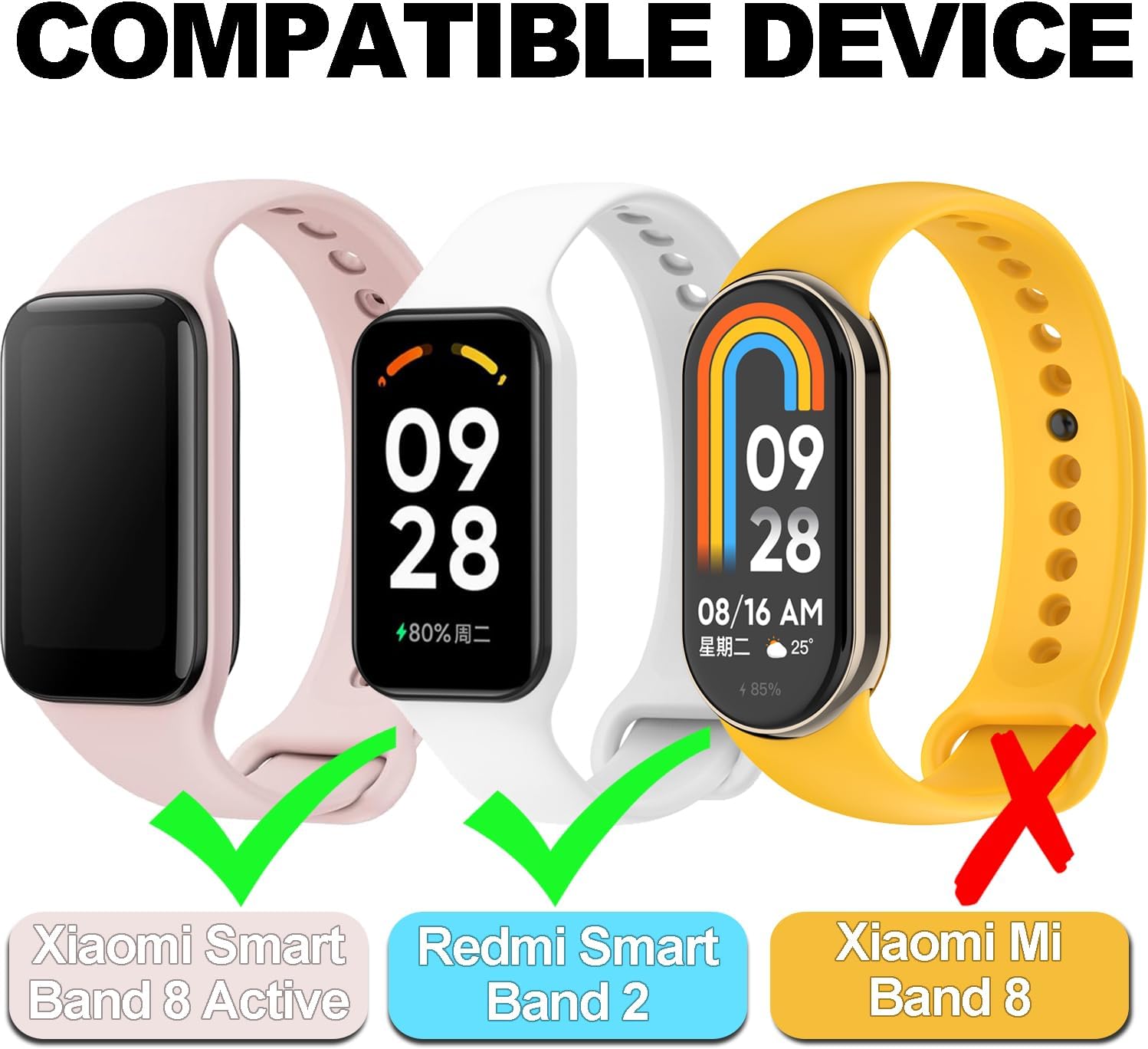 6 Pack Replacement Bands Compatible with Xiaomi Smart Band 8 Active & Redmi Band 2, Soft TPU Straps, Wristband Breathable, Adjustable, Quick Release