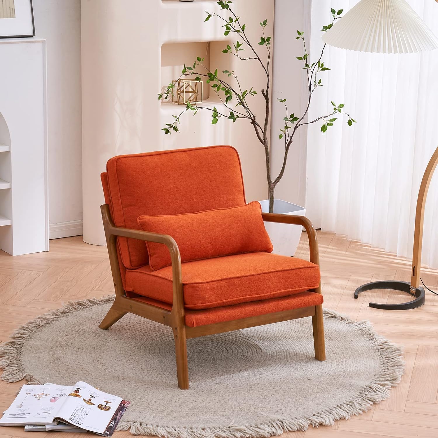 Mid Century Modern Beige Corduroy Accent Chair | (Corduroy Dark Gray) | Wooden Arm Chair for Home, Bedroom, Living Room, & Office (Linen Orange)-image-39