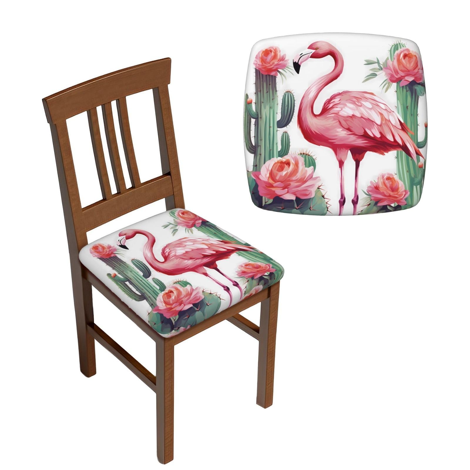 NONHAI 6PCS Dining Chair Seat Covers Set Cactus Flamingo Rose Flowers Stretch Removable Chairs Covers Washable Seat Cushion Slipcovers Protector for Dining Room Kitchen Chairs