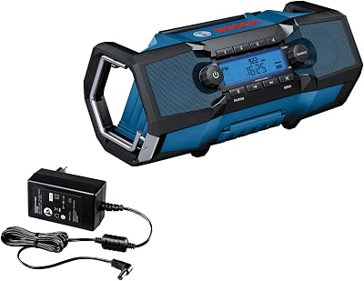 Bosch Professional 18V System radio de chantier sans-fil GPB 18V-2 C (réception via Bluetooth, FM et AUX, avec 1 bloc secteur, 1 câble AUX, 1 pile bouton au lithium de 3 V)