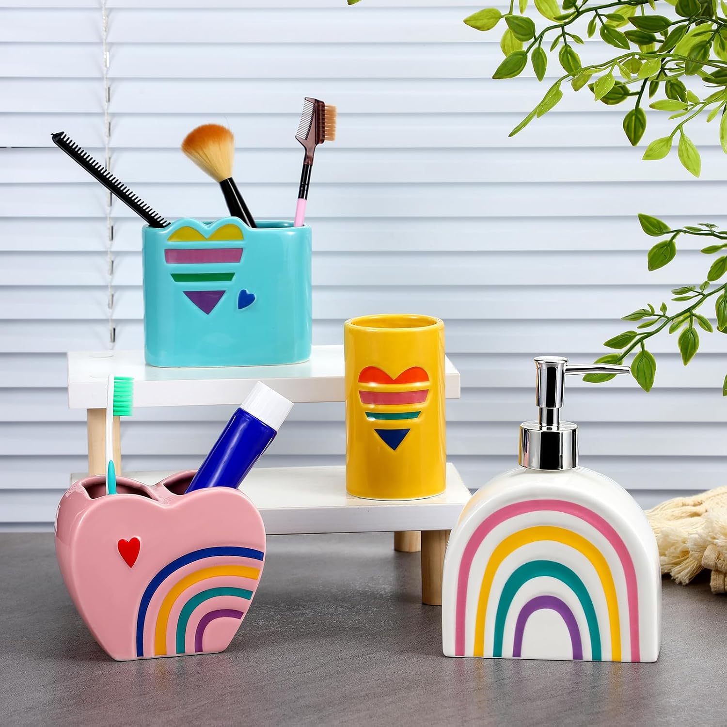 Leinuosen 4 Pcs Rainbow Bathroom Accessory Set Rainbow Heart Ceramic Bathroom Accessories Include Lotion Dispenser Toothbrush Holder Ceramic Cup Storage Box Colorful Bath Decor Gift for Girl Women