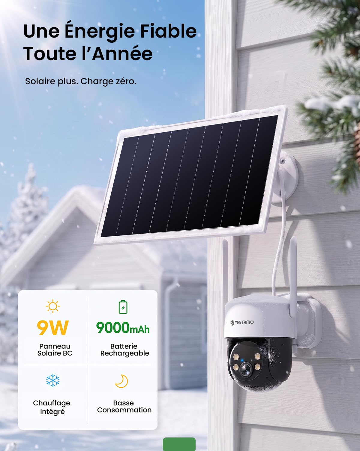 YESYAMO 4MP AOV Camera Surveillance WiFi Exterieure sans Fil Suivi Auto | Enregistrement Continu 24/7, Détection IA 30m, Solaire 9W, Batterie 9000mAh, PTZ 355°/90°, Alarme Son/Lumière, 2,4GHz, IP65