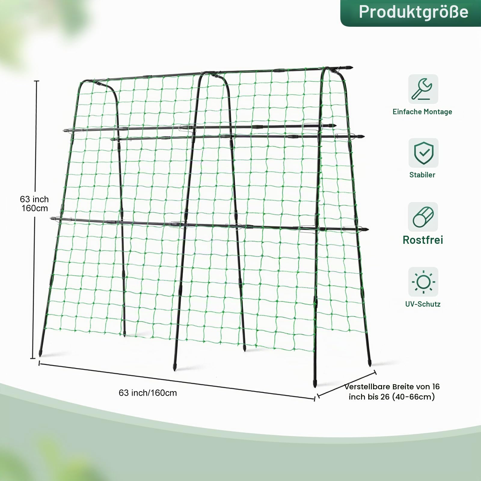 160x160cm Gurken Rankhilfe Set, U-Form Rostfreies Metall Rankgitter für Hochbeet, Garten & Balkon, Wetterfest Stabil Spalier für Gurken Kürbis Erbsen, inkl. Netz und Befestigungszubehör