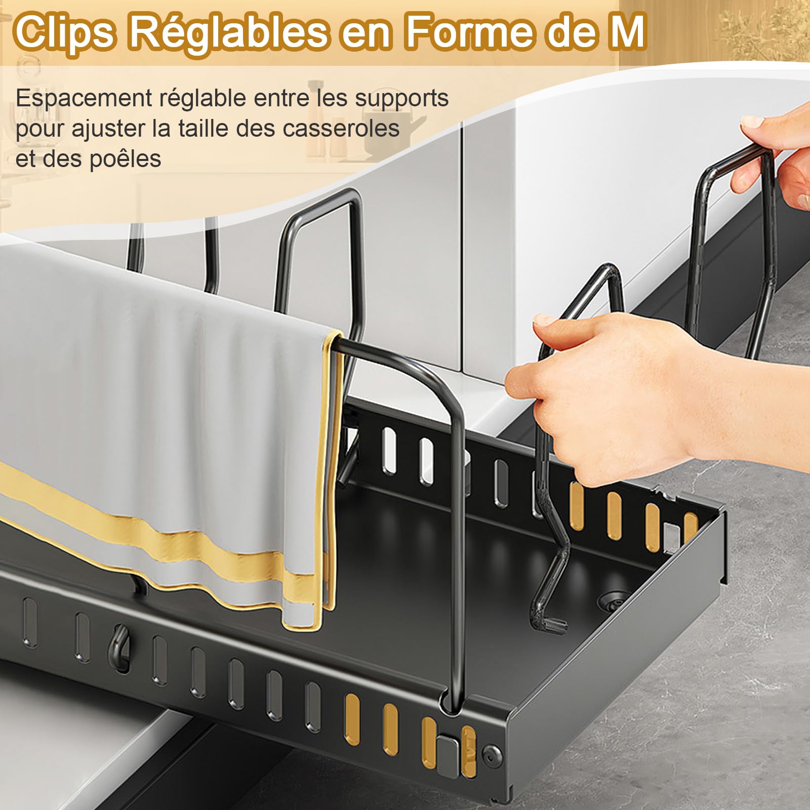 Ensemble de 2 casseroles et poêles Organisateur avec 2 Supports de poignée, Organisateur de Couvercle Coulissant avec 10 séparateurs de Couvercle réglables (Blanc)
