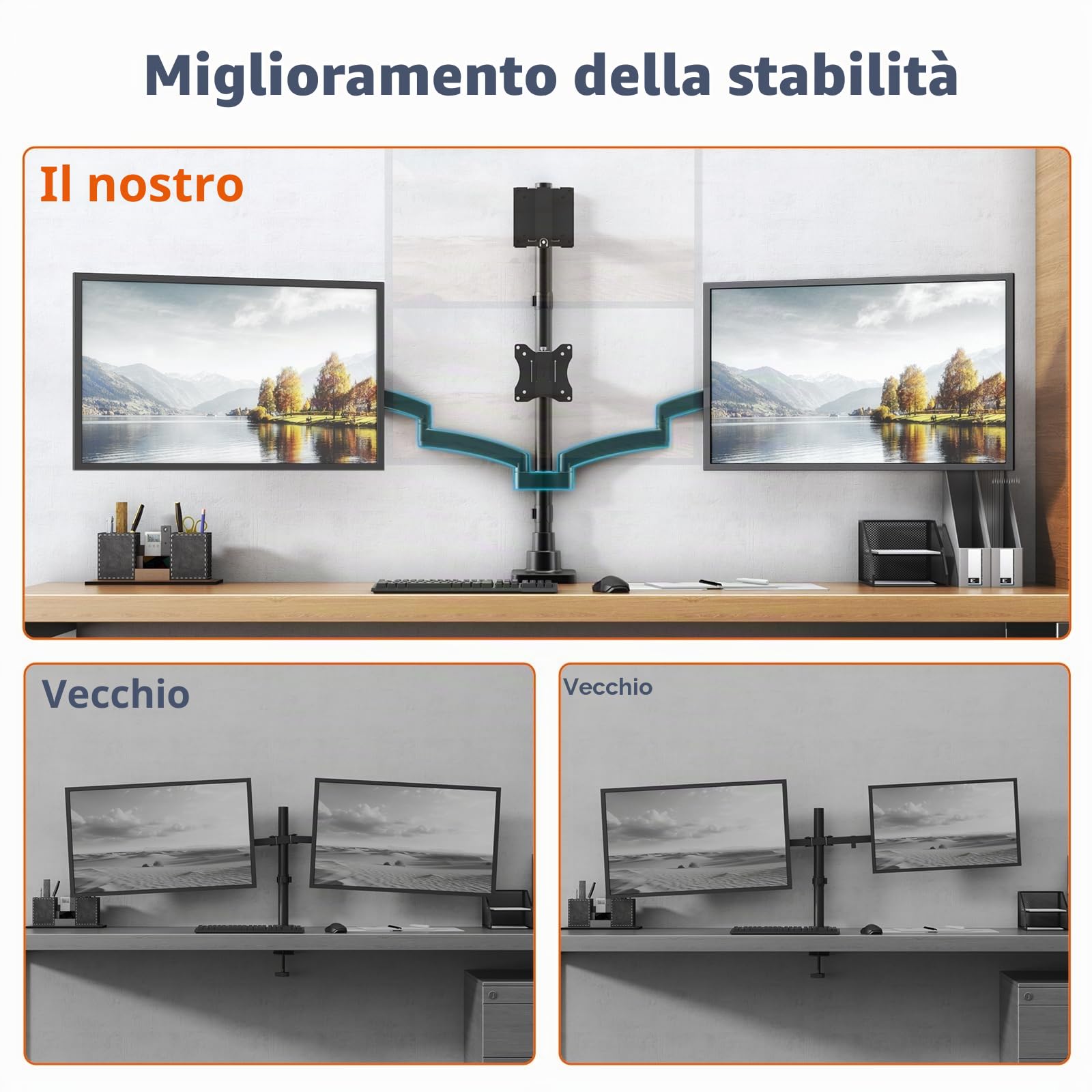 Supporto per monitor 4 monitor, max. fino a 1x49'‘ e 3x27’' Schermi piatti e curvi, supporto da tavolo con asta da 80 cm, supporto per monitor impilabile regolabile, VESA 75/100