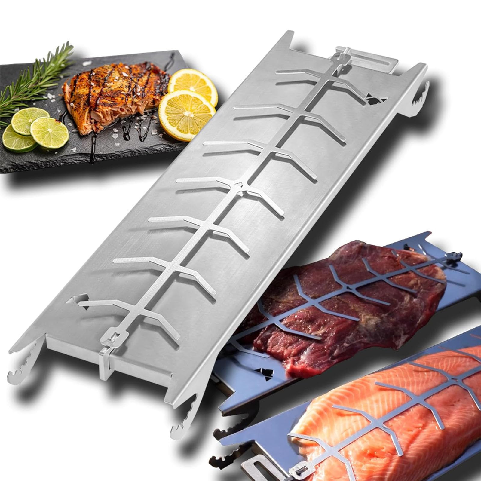 Griglia per pesce in acciaio inox con 5 regolazioni in altezza per salmone perfettamente preparato, dispositivo di cottura portatile